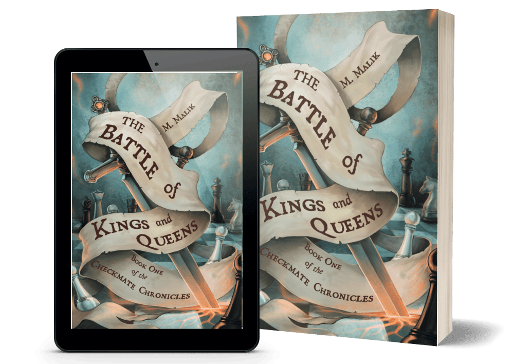 The Battle of Kings and Queens, book 1 of the Checkmate Chronicles by M. Malik 3D book covers